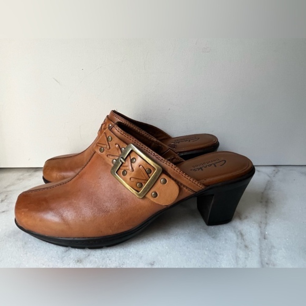 Clarks Women's Brown Leather Buckle Mules